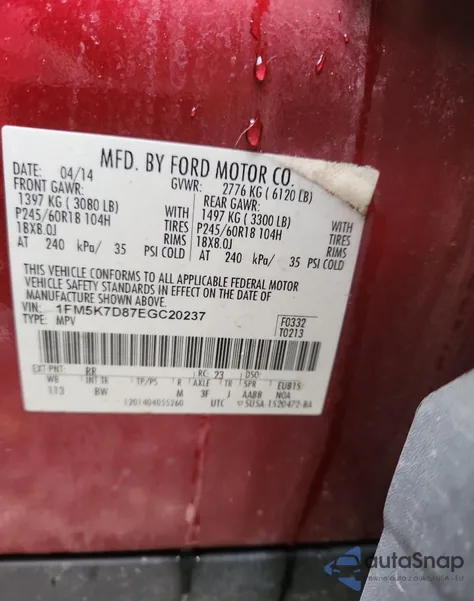 2014 Ford Explorer Xlt from USA, damaged, VIN 1FM5K7D87EGC20237